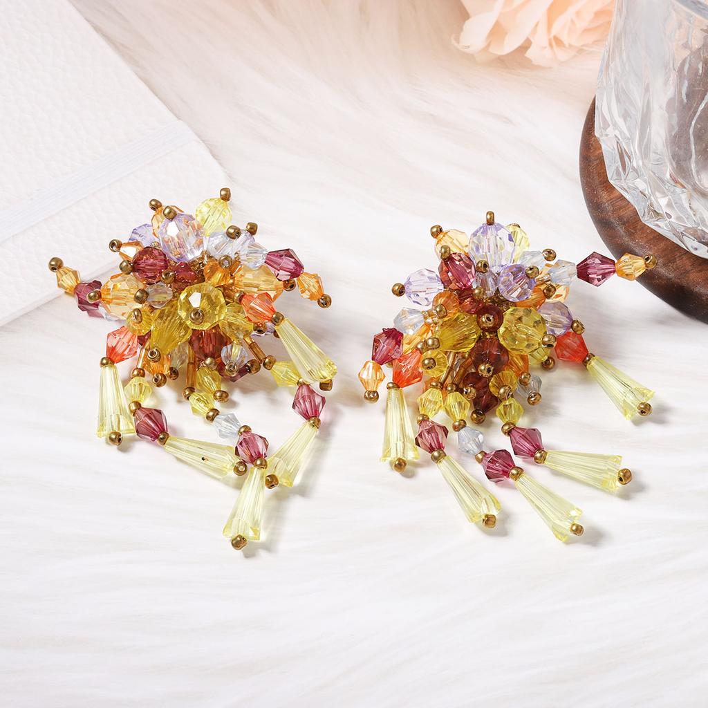 Bohemian Fashion Trend Exaggerated Multi-colored Crystal Floral Flower Fringe Resort Style Earrings