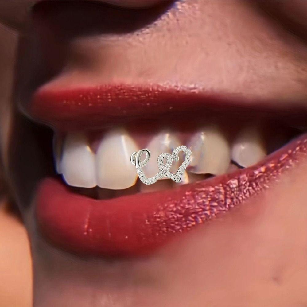 2Pcs Comfortable Double Heart Teeth Caps Zircon Hollow Love Tooth Grills  Couple