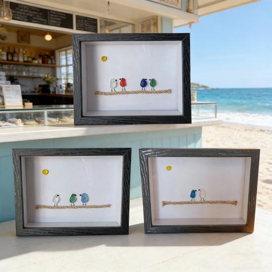 Sea Glass Photo Frame Home Decor 7.6 Inch Handmade Sea Glass Birds Artwork Wooden Frame Unique Sea Glass Art Decoration Housewarming Gift for Friend