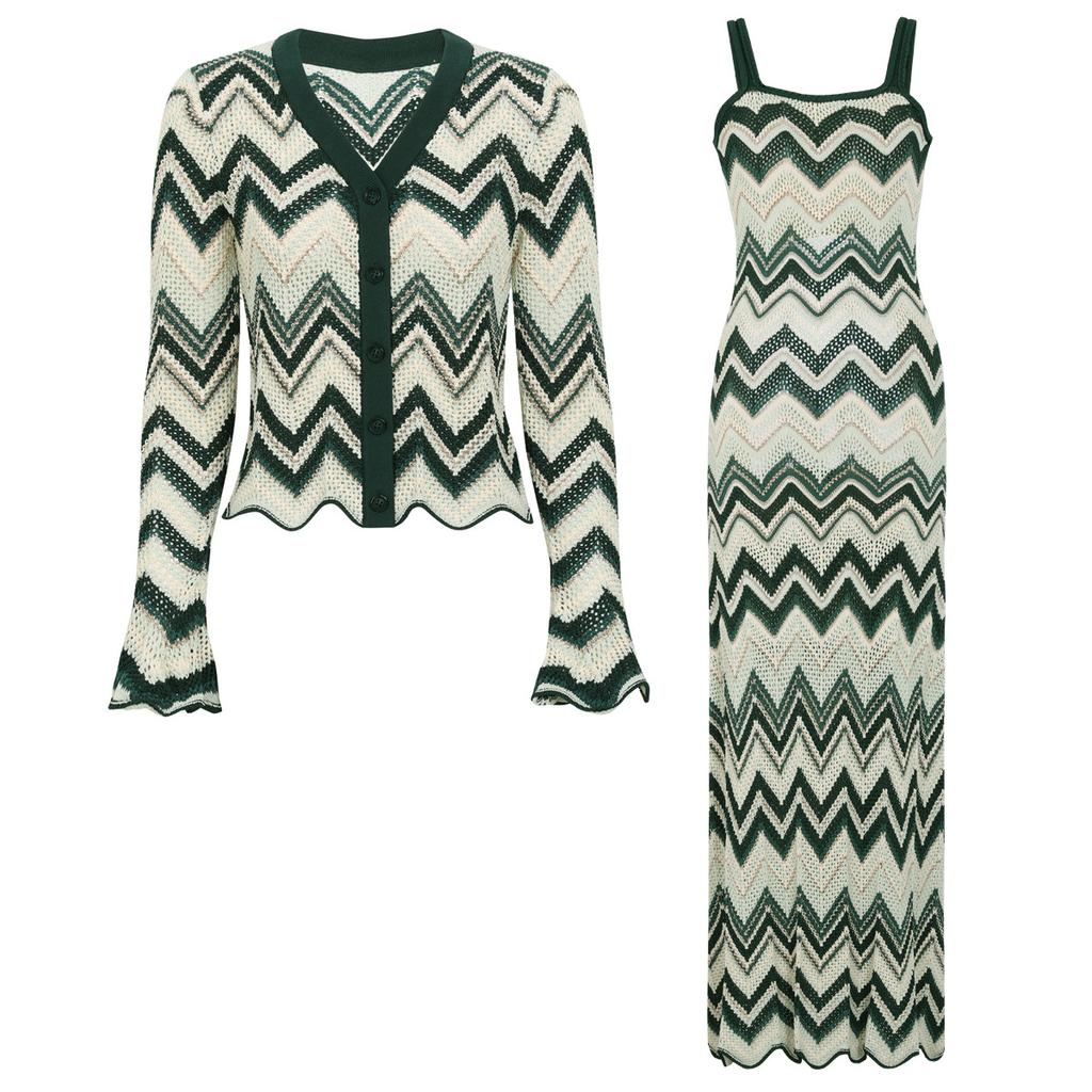 High quality spot summer and autumn new thin long-sleeved top knitted sweater jacket + sleeveless dress set 2598