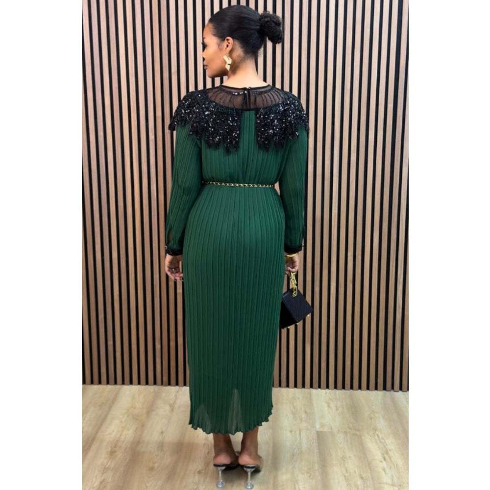 Vintage Court Style Autumn Heavy Industry Sequined Embroidered Long Pleated Bubble Sleeve Dress Women's Pleated Skirt