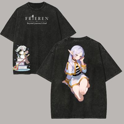 Frieren Beyond Journeys End Anime Tshirt Vintage Washed Oversized T Shirt Unisex Women Clothing Short Sleeve Cotton Tees Tops