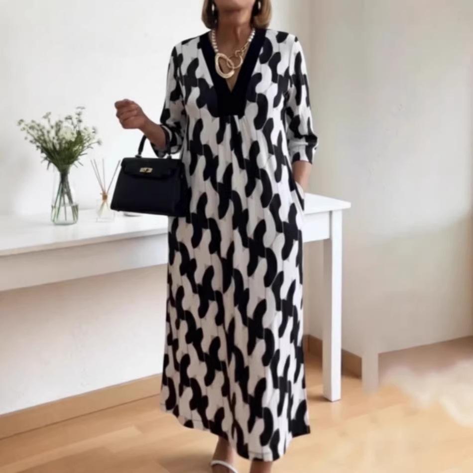 2026 European and American spring and summer new women s v-neck printed dress loose, comfortable, fashionable and thin women s clothing S