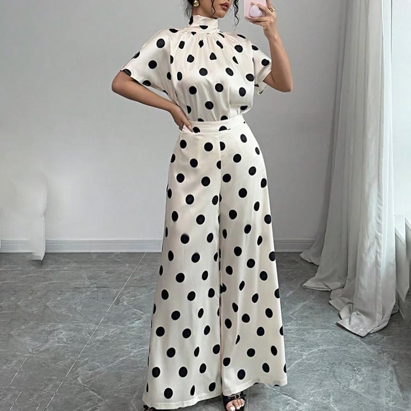 ZANZEA Women Short Sleeve Blouse and Wide Leg Pants Polka Dot Print Two Piece Sets S
