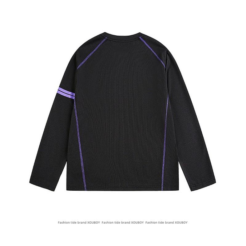 Unisex Oversized Long Sleeve Crewneck Tee With Contrast Stitching Double Stripes Casual Streetwear Top Fall