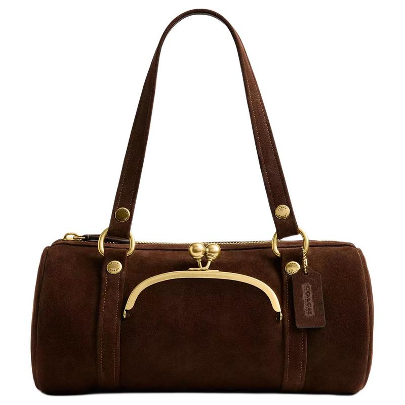 

COACH shoulder bag SS26 Spring and Summer Show Style Kisslock 33 Metal Hardware Cylindrical Underarm Grained Leather and Suede Large Women s Chocolate золотий