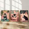 3 Frameless Funny Cat Bathroom Posters,Pink Cat Reading, Lying and Bathing,Retro Abstract Art,Bedroom,Living Room,Office Decor