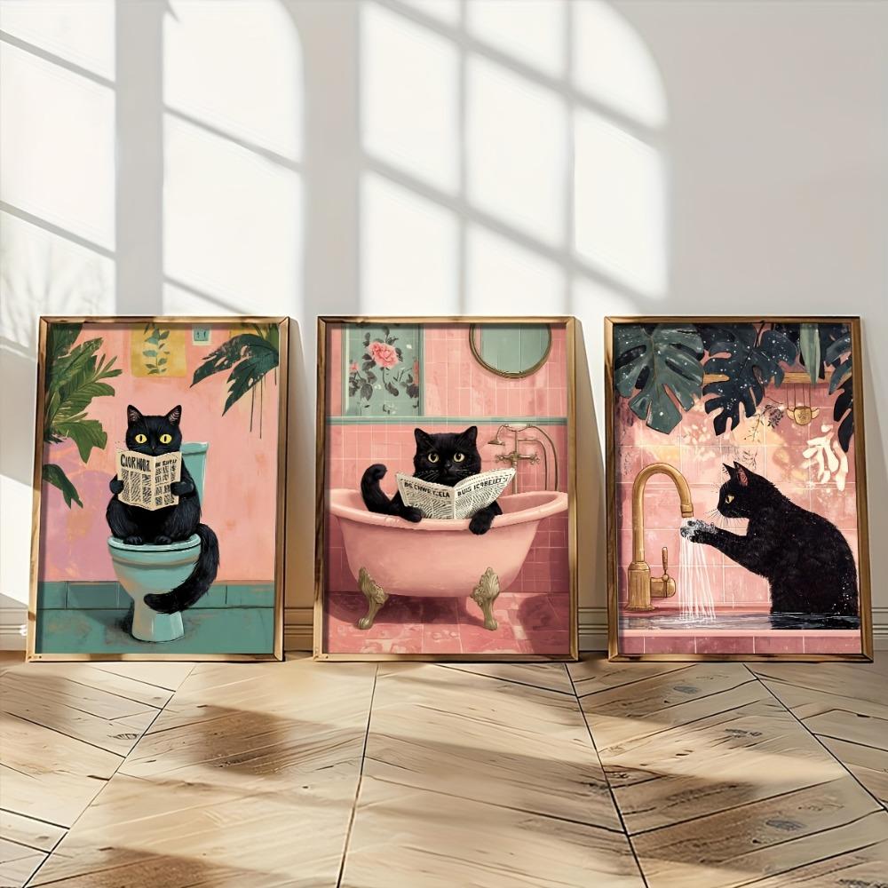 3 Frameless Funny Cat Bathroom Posters,Pink Cat Reading, Lying and Bathing,Retro Abstract Art,Bedroom,Living Room,Office Decor