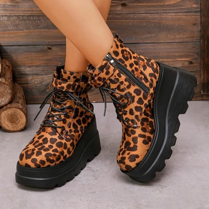 Fashion Women's Shoes 2025 Plus Size Ankle Women's Boots Platform Modern Boots Women Leopard Side Zip Front Lace-up Wedges Shoes Women