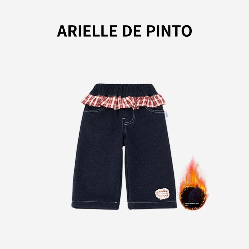 French Arielle De Pinto Girls  Fleece-Lined Pants Winter Style Faux Two-Piece Fleece-Lined Casual Plaid Straight-Leg Pants Red Plaid Pants 120