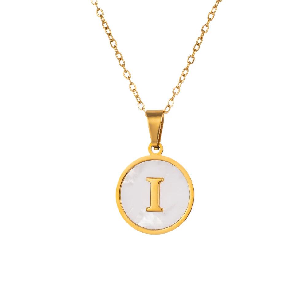 Round Gold Color 26 Letter Necklaces Alphabet Shell Pendant Necklace for Women Men Stainless Steel Chain Jewelry 1PC
