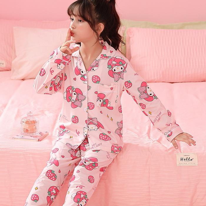 Spring & Autumn Cotton-Feel Girls' Cardigan Pajama Set - Long Sleeve & Pants