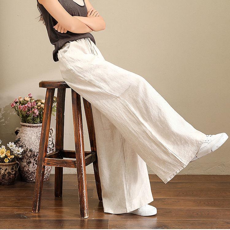 Pantaloni Larghi a Vita Alta Primavera Estate Donna Morbidi Cotone Lino Pantaloni Drappeggiati Casual Lunghi
