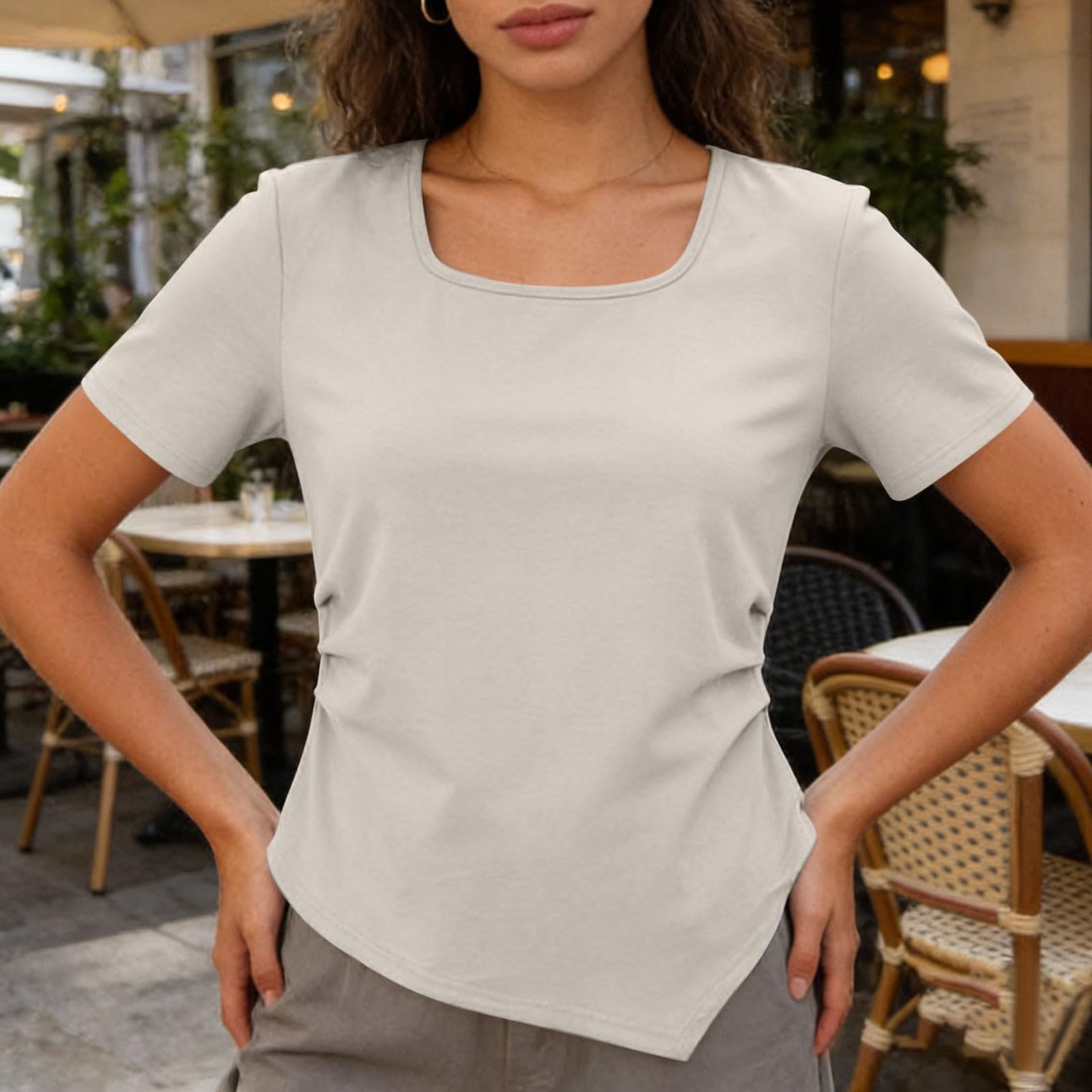 

Women Casual Square Neck Short Sleeve Shirt Irregular Hem Top Lightweight Soft Fabric Relaxed Fit Blouse for Everyday Wear XXL бежевый
