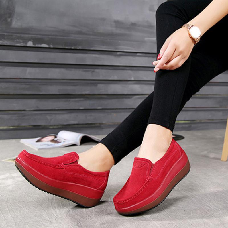 Cow Suede Slip-on Loafers Women Fashion Platform Shoes Non-slip Walking Rocker Shoes Elegant Mother Shoes
