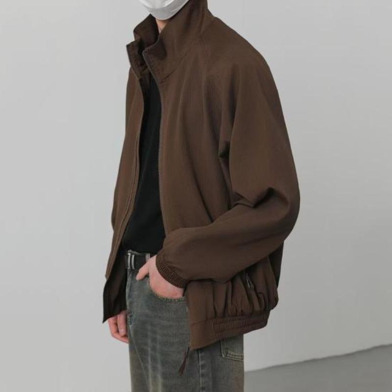 Autumn Jacket Men Lapel Long Sleeve Elastic Hem Zipper Placket Coat Solid Color Retro Style Casual Outwear