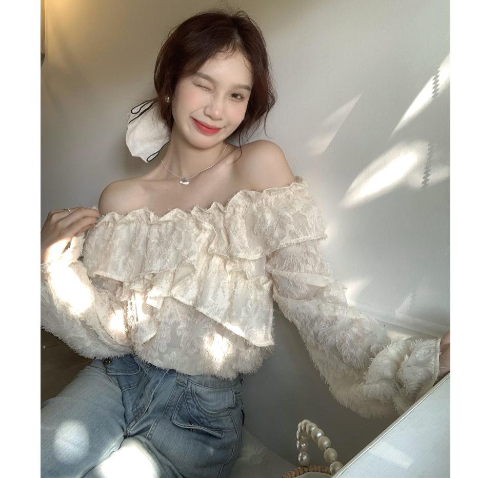 French one-word shoulder collarbone top women's spring new design sense niche ruffle shirt women's autumn