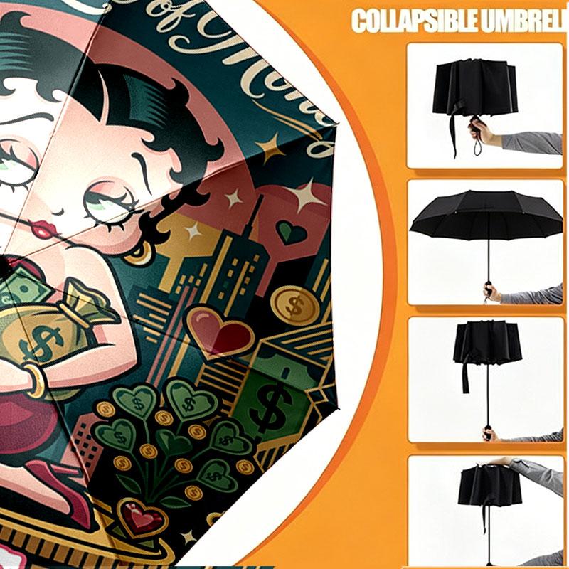 Spersonalizowany Parasol z Nadrukiem Betty Boop z Imieniem, Automatyczne Otwieranie i Zamykanie, Wytrzymały Stelaż z 8 Żebrami, do Codziennego Użytku, na Kemping i Piesze Wycieczki, Prezent Urodzinowy
