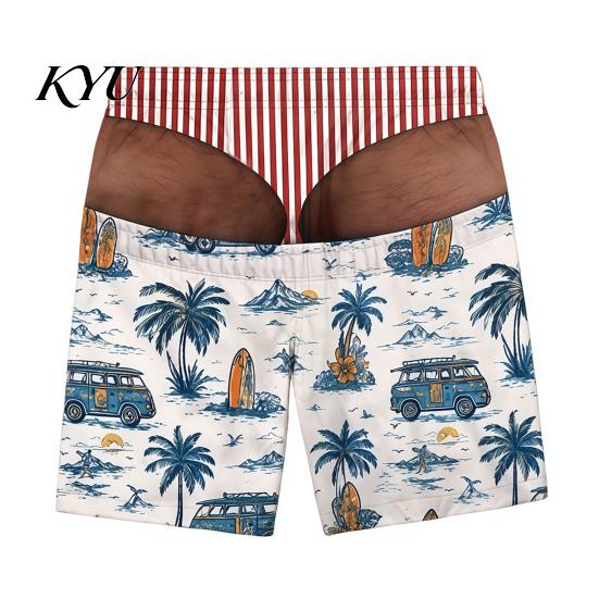 Mens Funny Beach Shorts Men Hairy Butt Shorts, Big Booty Leopard Novelty Illusion Printed Swimwear Print Briefs Design, USA Flag Swim Trunks