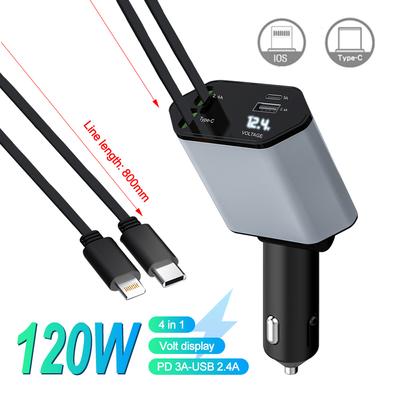100W 4 IN 1 Einziebares Autoladegerät USB Typ C Superschnellladung Zigarettenanzünderadapter Kompatibel für IPhone Samsung