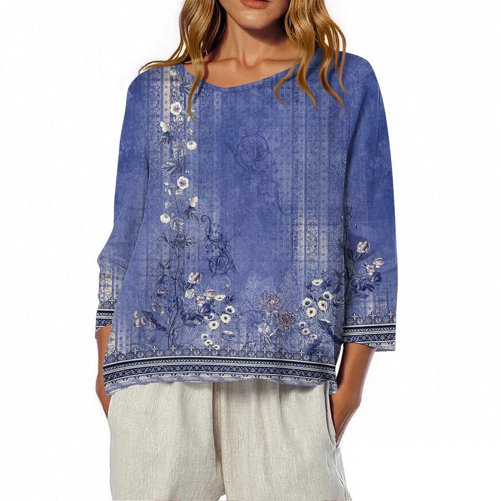 Dam O-ringad 3/4-ärmad tryckt topp T-shirt