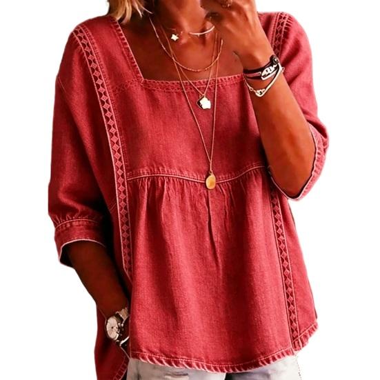 Denim Shirt Square Collar Half Sleeve Pullover Tops Lightweight Loose Fit Summer Size#M