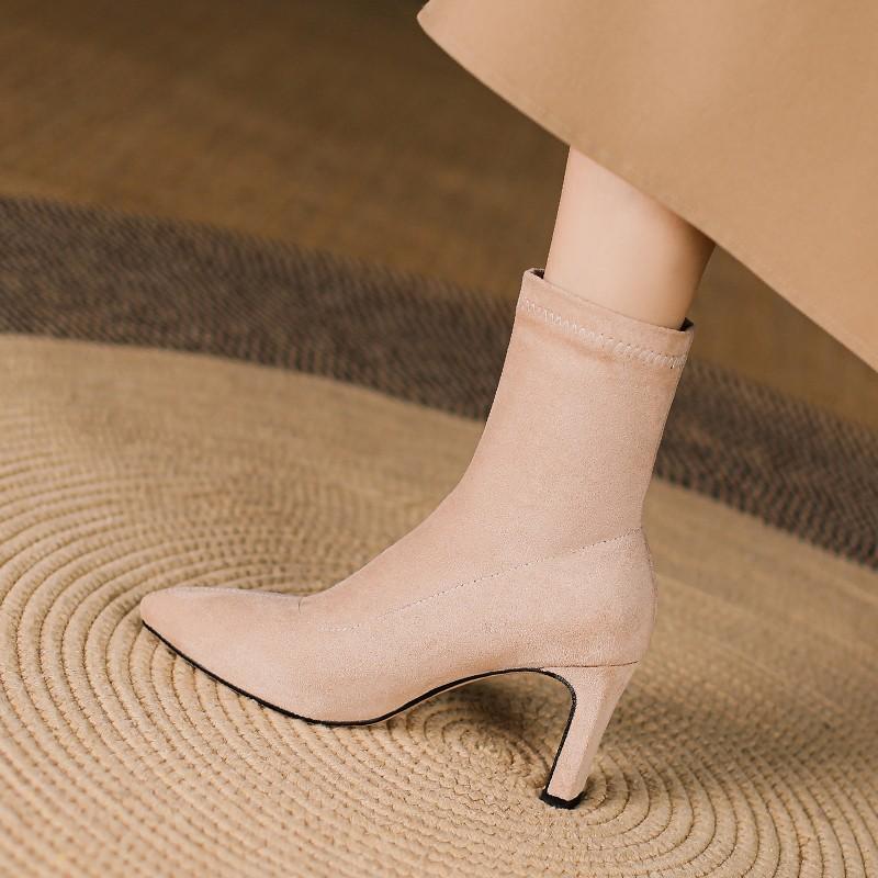 Plus Size 34-45 Women Fetish Suede Ankle Boots Stiletto High Heels Concise Pointy Toe Office Lady Solid Short Booties Black Nude