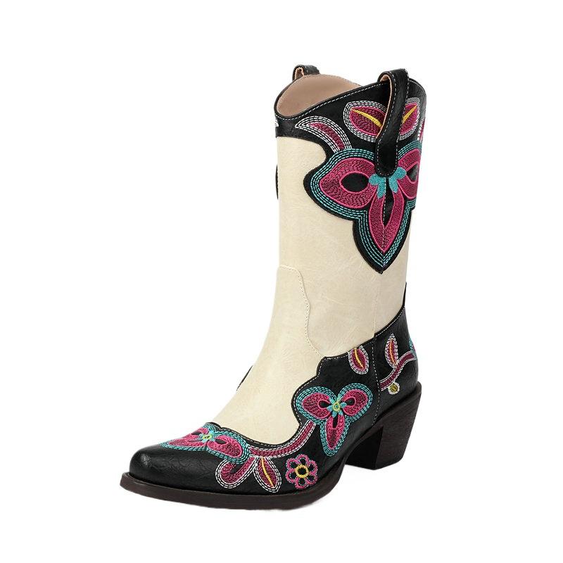 Western Cowboy Boots Women's New Pointed Knight Medium and High Boots Thick Sole Thick Heel High Heel Embroidery