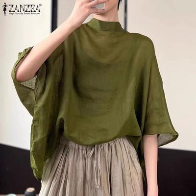 Women Casual Stand Collar Bat 3/4 Sleeve Loose Solid Color Blouses