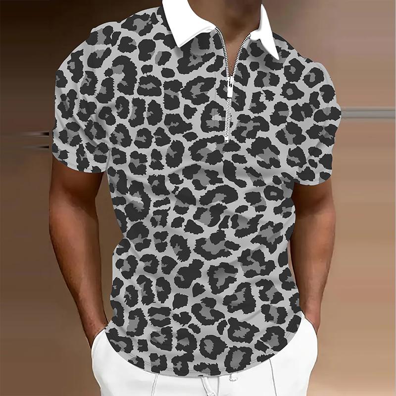 

Men s Shirt Polo Casual Zip Short Sleeve Fashion Casual Zipper Summer Spring Regular Fit 3D Leopard Print Print Shirt L серый