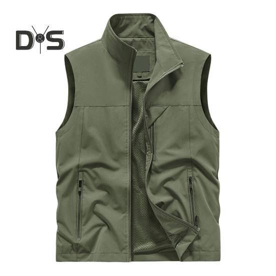 Herre Vest Ståkrage Ermeløs Glidelåslukking Vestjakke med Store Lommer Ensfarget Utendørs Fiskevest