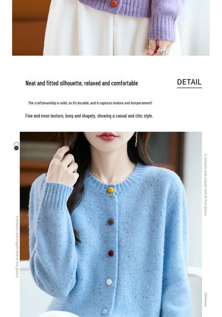 Women's 100% Wool Cardigan Sweater - Round Neck, Colorful Buttons, Loose Fit, Long Sleeve, Casual Autumn/Winter Fashion Outerwear