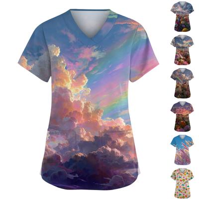 Women's Fashion V,Neck Short Sleeve Overalls With Pockets  Print Tops  Clothes