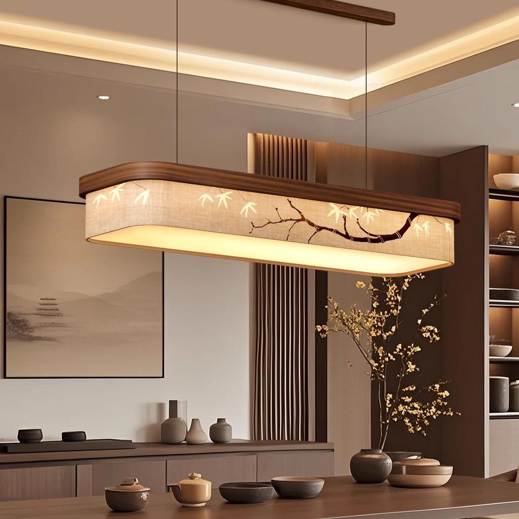 Rectangular Dining Room Pendant Lamp, Solid Wood Fabric, Ink-wash Painting, Bamboo Branch, Tea Room, Bar, Table Lamp