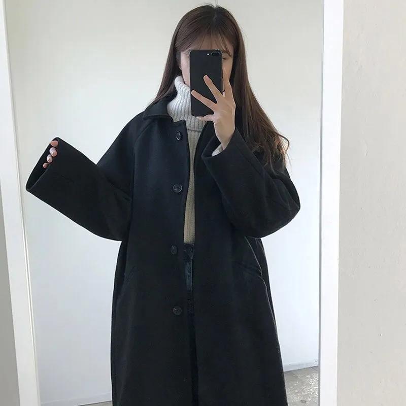 Women's Woollen Coats Ladies Solid Casual Loose Black Beige Wool Coat Female Autumn Winter Cashmere Long Buttons Coats