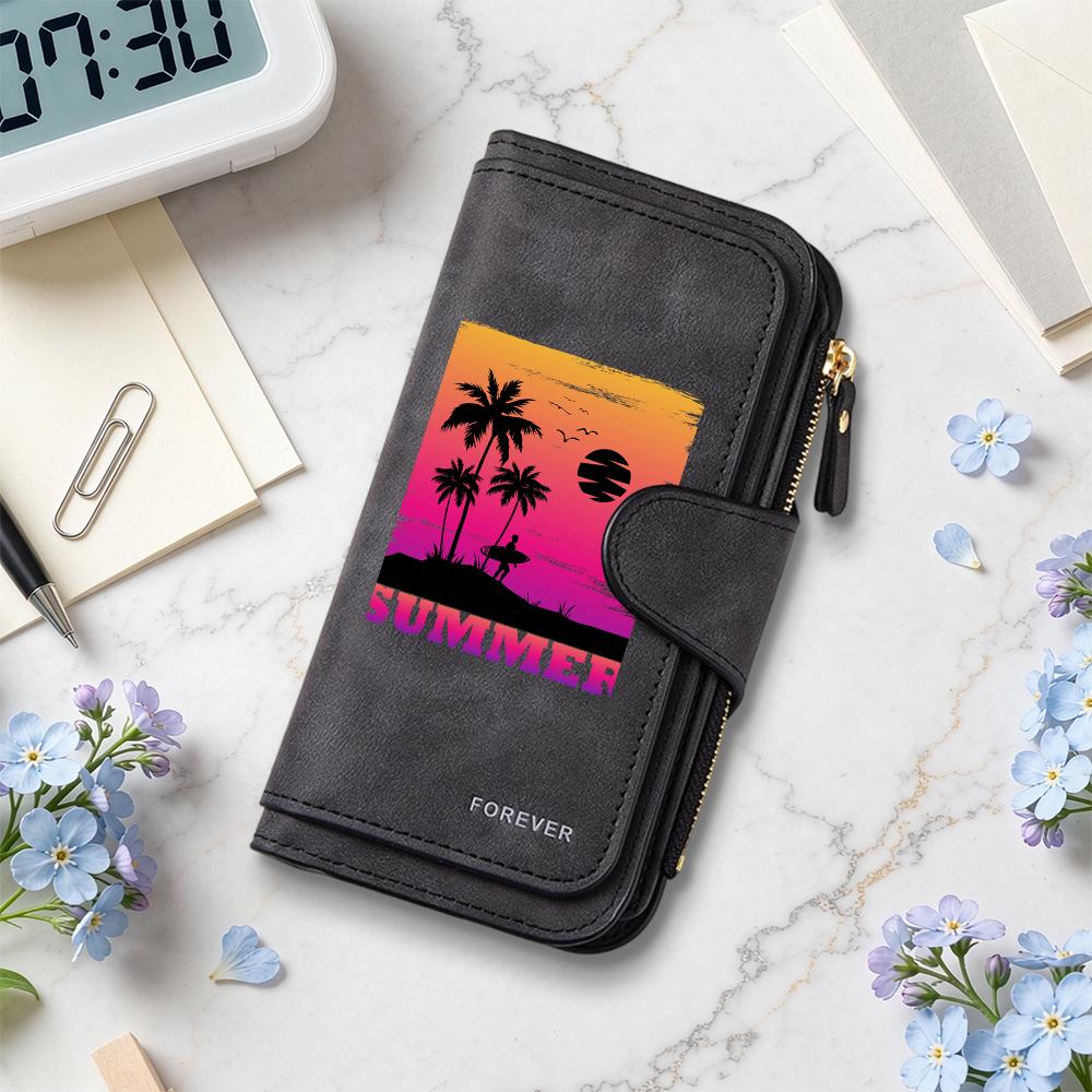 Retro Summer Beach Pattern Long Wallet Fashion Large Capacity Multi Slot Card Holder Zipper Purse