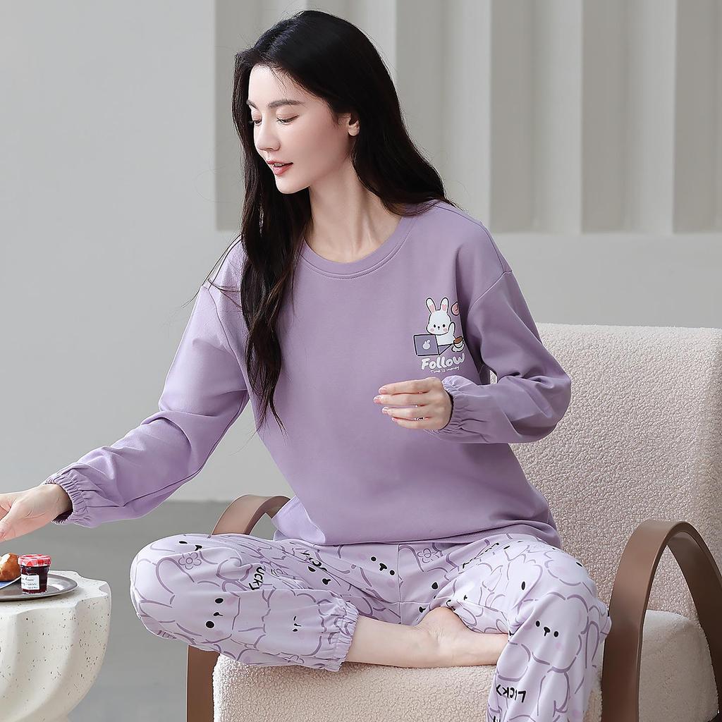 100% Cotton Women's Pajama Set – Breathable, Sweat-Absorbent, Long Sleeve Crew Neck for Indoor & Outdoor Wear (Autumn/Winter)