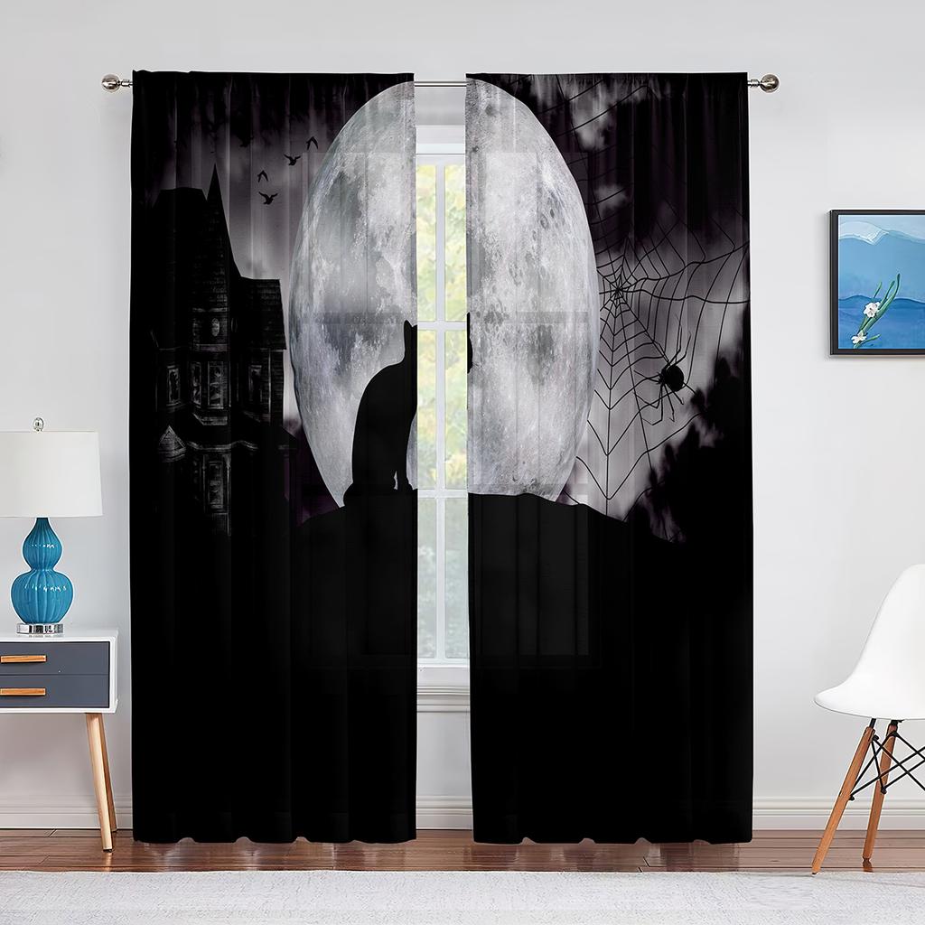 Black Cat Big Eyes Animal Grey Tulle Curtains for Living Room Bedroom Decoration Transparent Chiffon Sheer Voile Window Curtain