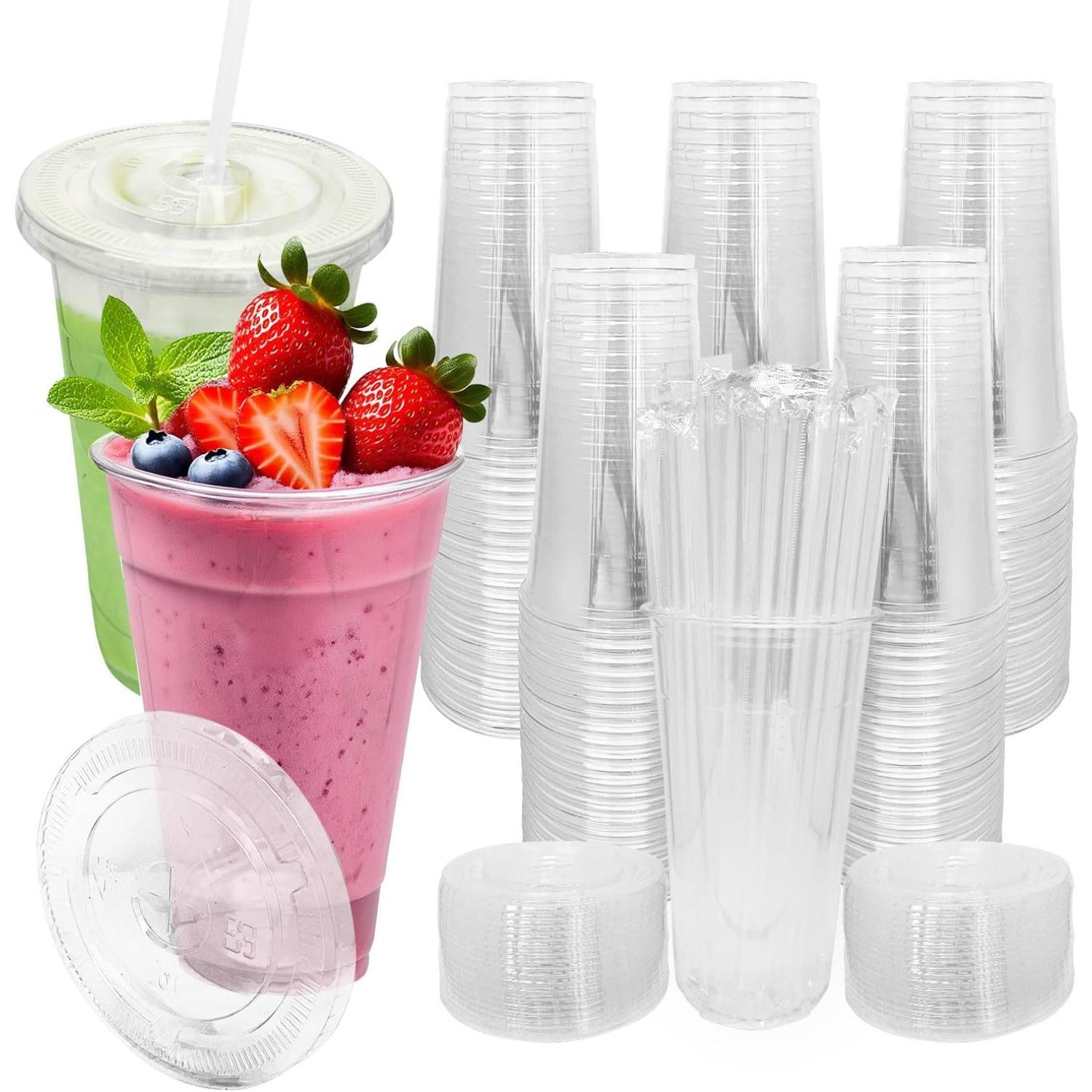 [100 SETS] 32 oz Cups with lids, Plastic cups with lids and straws, iced coffee cup, suitable for takeout iced coffee cold drinks, smoothies, juices 100pcs прозрачный