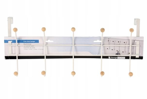 Věšák na dveře 10 háčků 48x21cm Bílý kovový s dřevěnými úchyty