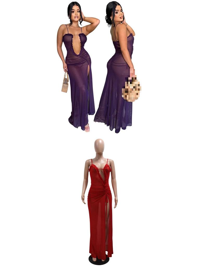 Sexy durchsichtiges Netzkleid mit hohem Schlitz für Damen