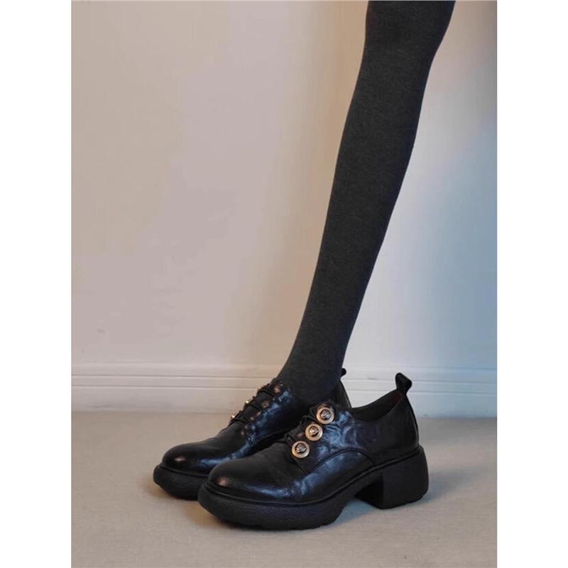 Sheepskin Version~ Leather Platform Button Black Round Head Versatile Small Leather Shoes Women's British Style Retro Loafers Single Shoes