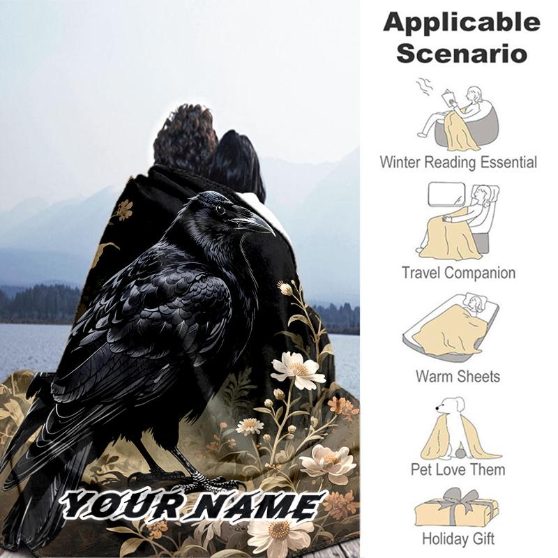 1PC Custom Name Raven Floral Garden Flannel Blanket Versatile,all-season Throw Suitable for the Living Room,bedroom,camping,travel,and Gift
