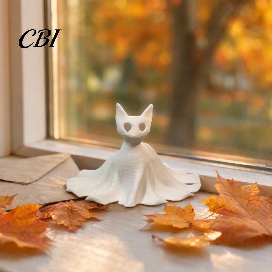 Ghost Skirt Cat Sculpture 3D Printed Statues, Halloween Haunted Kitten Figurines with Hollow Eyes Durable Statue & Flowing Drapes, Matte White Spooky