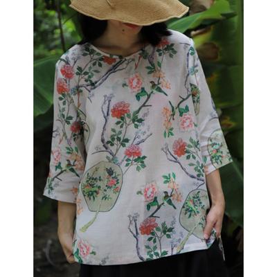 Woman Spring Print O-Neck Vintage Style Casual Shirt Fashion Chinese Style Personality Long Sleeves Shirt