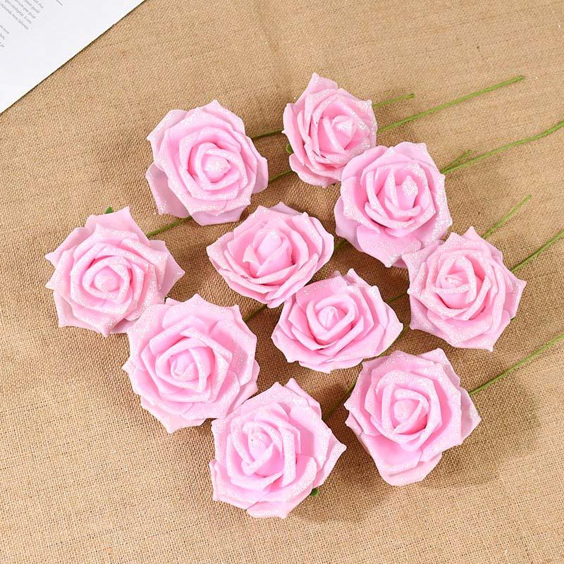 10/20 Stück Glitzer Künstliche Rosenblumen mit Stiel Blätter DIY Hochzeitssträuße Geburtstagsfeier Heimdekorationen DIY Bastelkranz