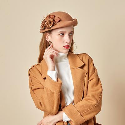 Autumn And Winter Fashion Beret European And American Retro Woolen Top Hat Elegant Flower Crimped Stewardess Hat Women'S Headband