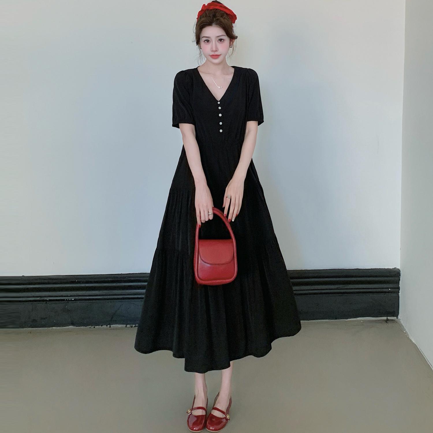 

DIMANAF 2025 Summer Plus Size Dress Women Casual Vintage Dress Basic Loose V-Neck Long Elegant Dress Cotton 3XL чёрный