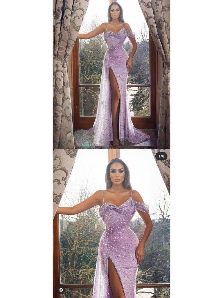 Robe de soirée à paillettes pour femme 2025: Jupe longue fendue irrégulière transfrontalière européenne et américaine avec bretelles