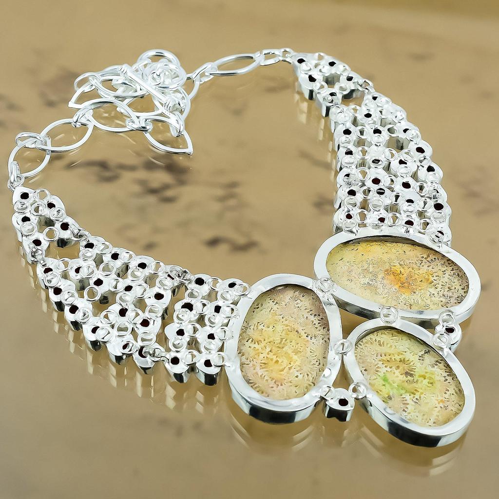 Gift For Her 925 Silver Natural Fossil Coral Gemstone Chain Adjustable Necklace